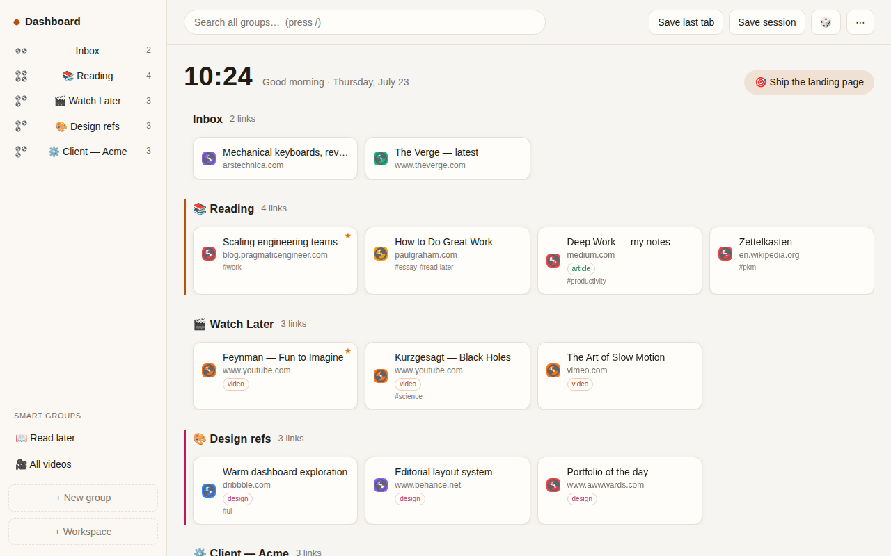 Favs: groups of saved links with tags, pins and search on a light theme